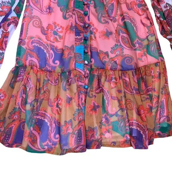 Colorful Pink Paisley Floral Print Long Sleeve Short Dress L’Atiste Small Mini - Picture 2 of 14